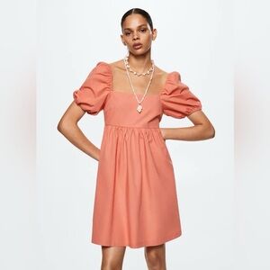 NWT Mango Miri Puffed Sleeve Mini Dress - Coral Pink 100% Cotton - Size XS